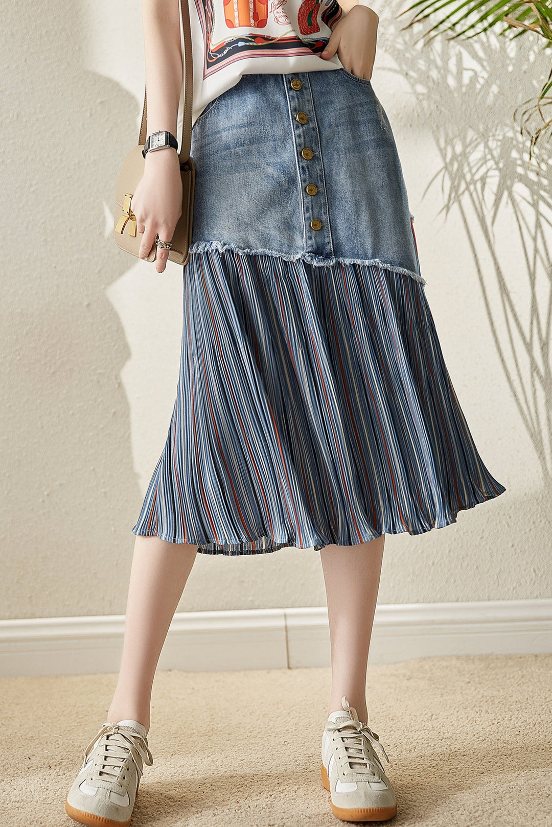 Shirley | Contrast Panel Pleated Midi Skirt