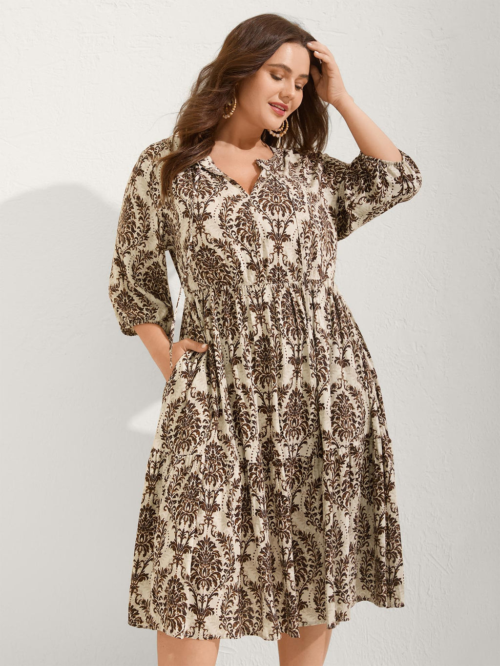 Damask Print Tie Knot Puff Sleeve Dress