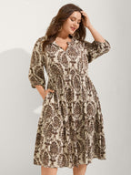 Damask Print Tie Knot Puff Sleeve Dress