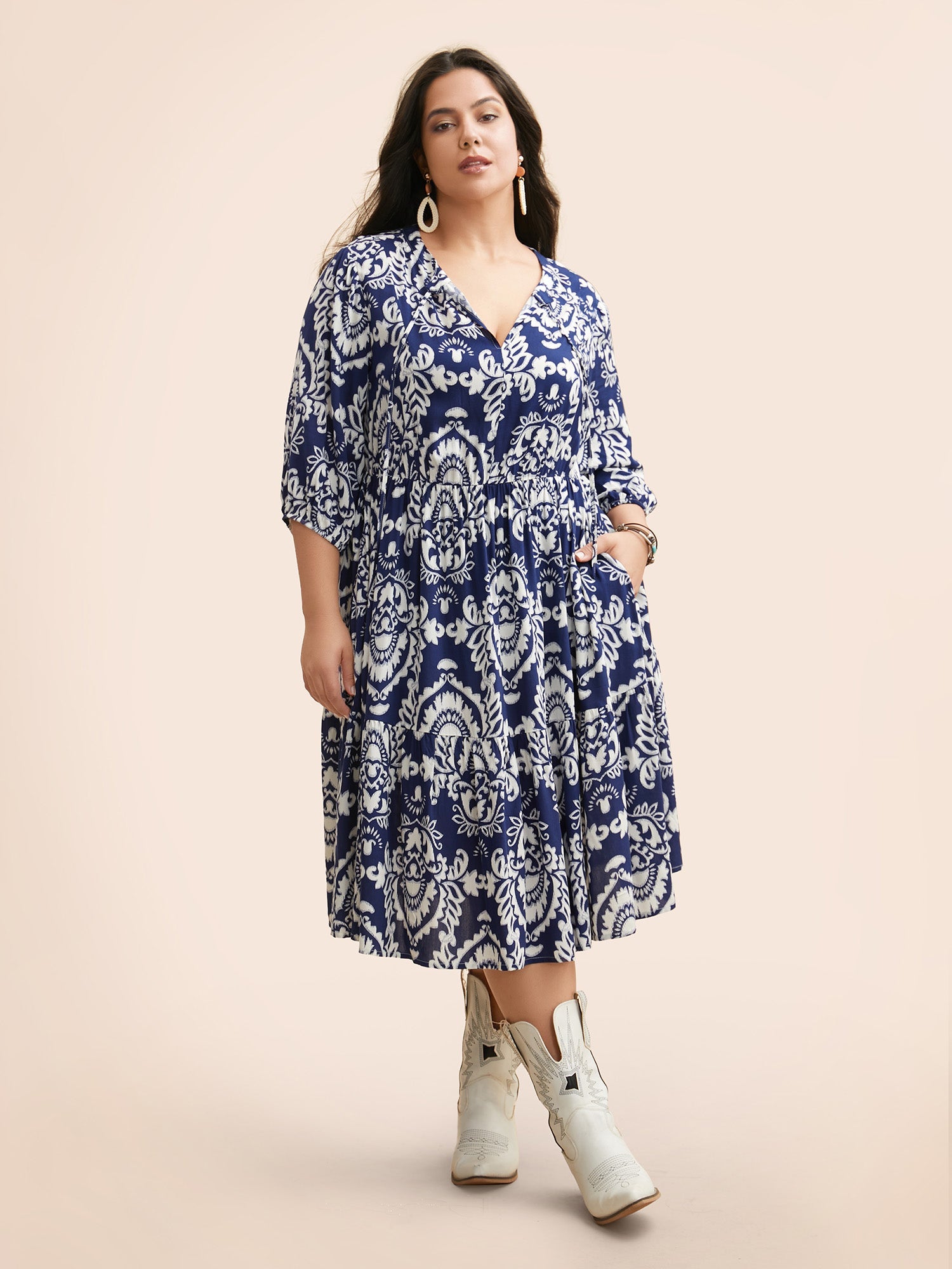 Damask Print Tie Knot Puff Sleeve Dress