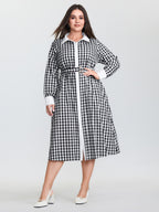 Checkered Pattern Color Contrast Shirt Midi Dress