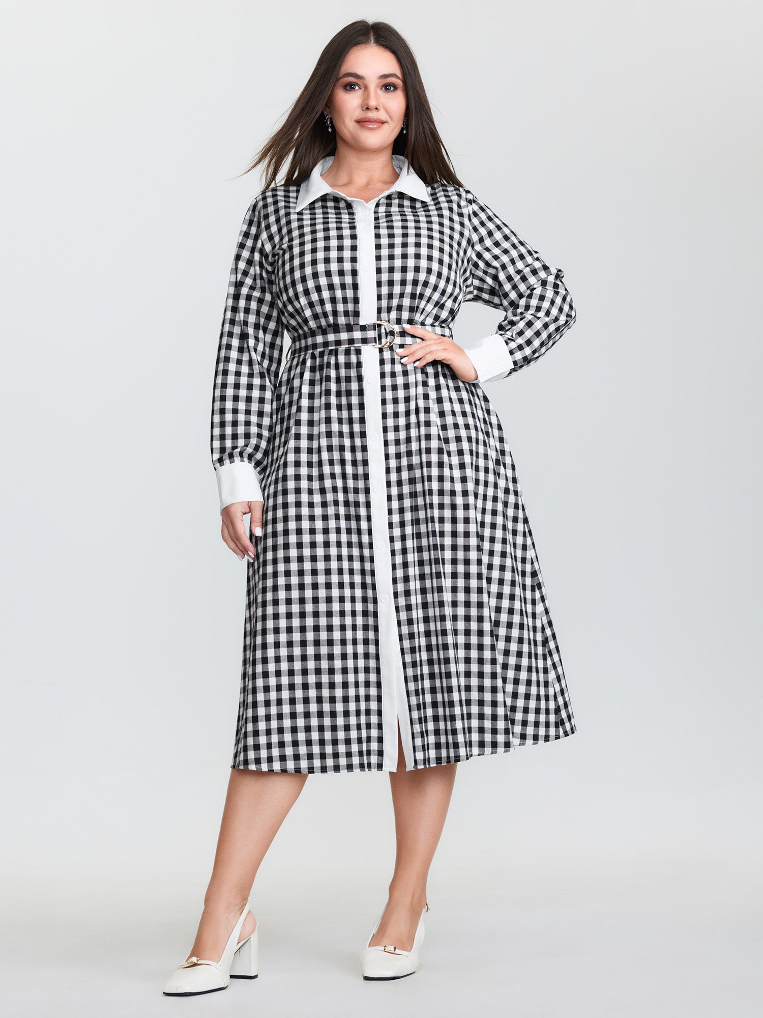 Checkered Pattern Color Contrast Shirt Midi Dress