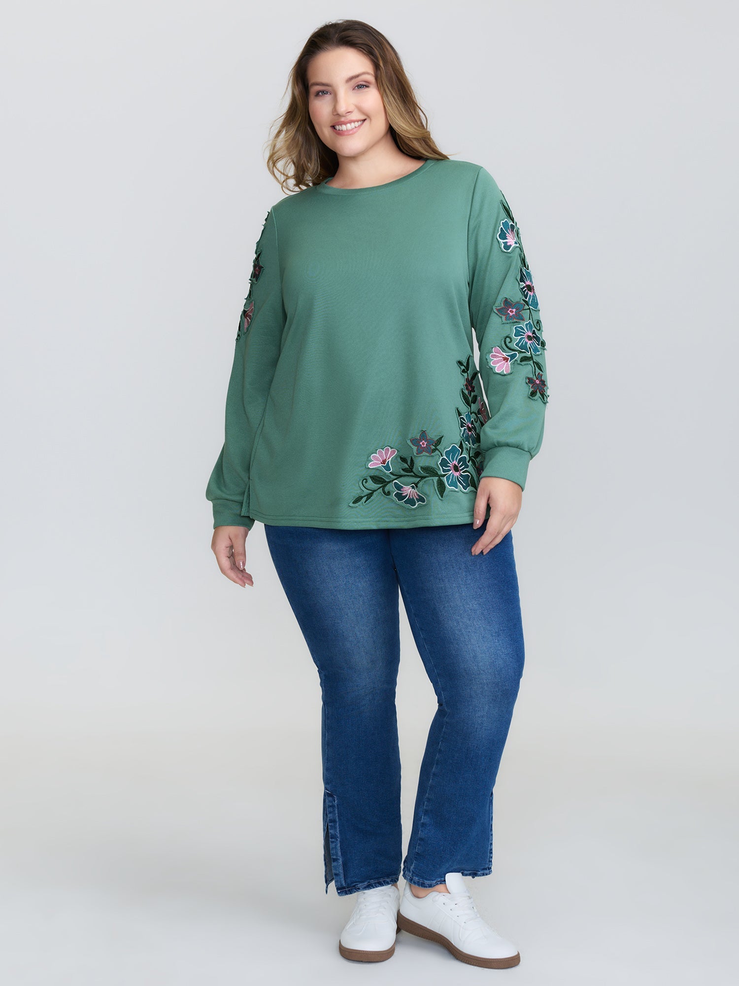 Floral Applique Embroidery Stretchy Sweatshirt