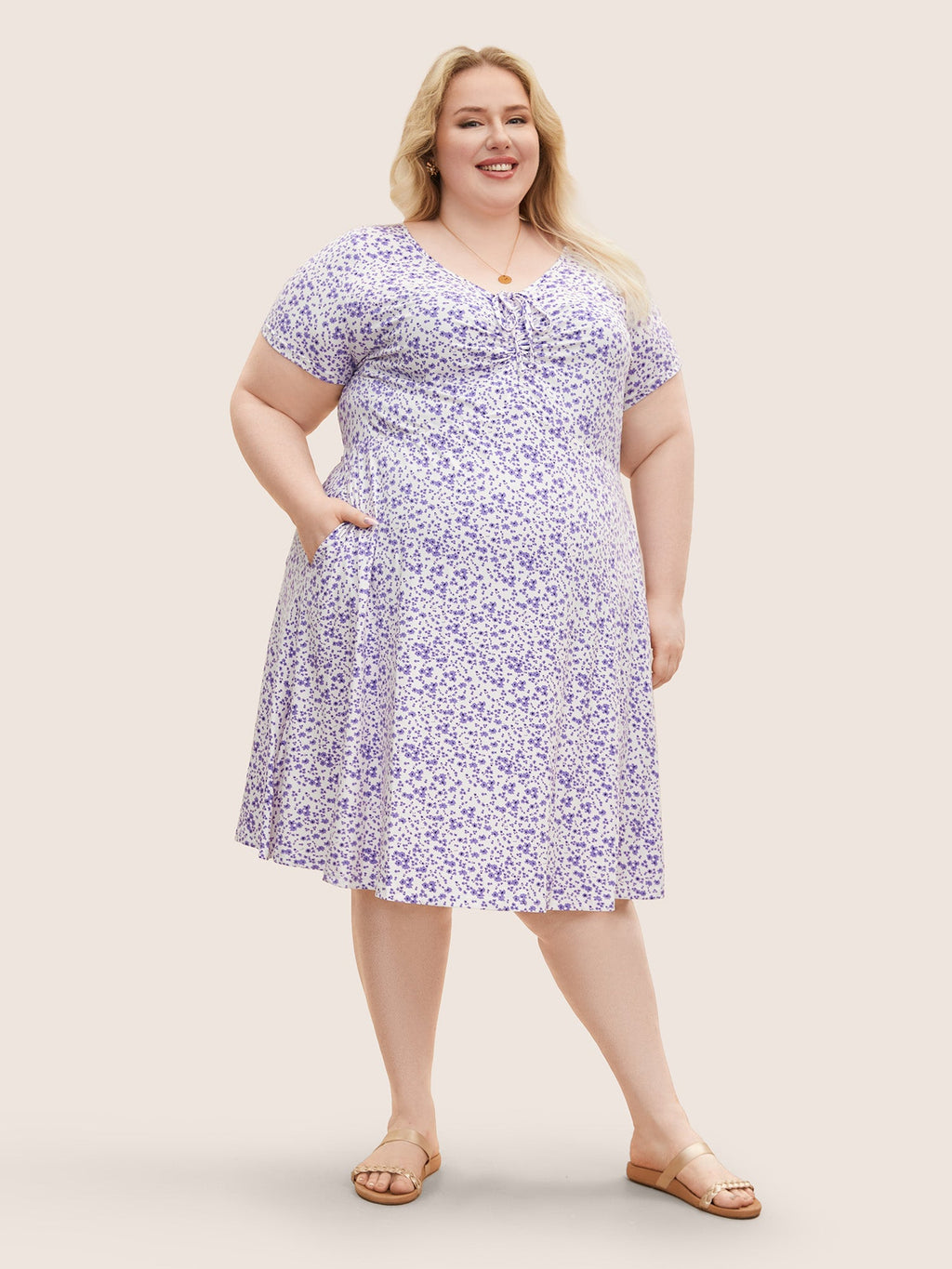 Ditsy Floral Elastic Waist Knot Drawstring Dress