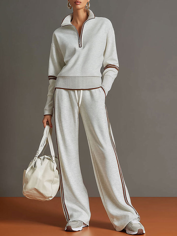 Michelle | Retro Sporty Webbing Half-zip Sweatshirt And Wide-leg Pants Set