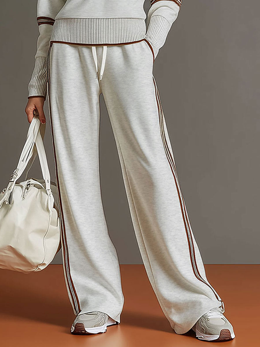 Michelle | Retro Sporty Webbing Half-zip Sweatshirt And Wide-leg Pants Set