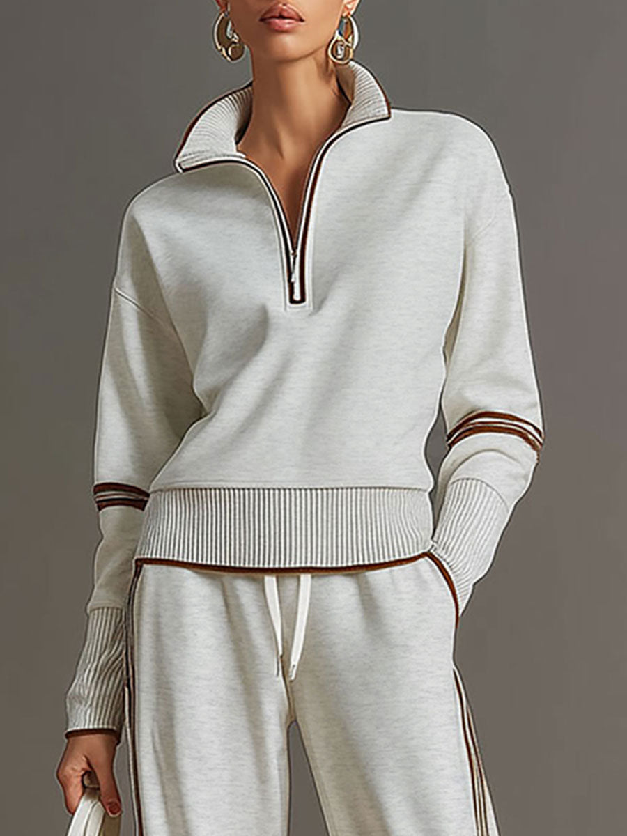 Michelle | Retro Sporty Webbing Half-zip Sweatshirt And Wide-leg Pants Set
