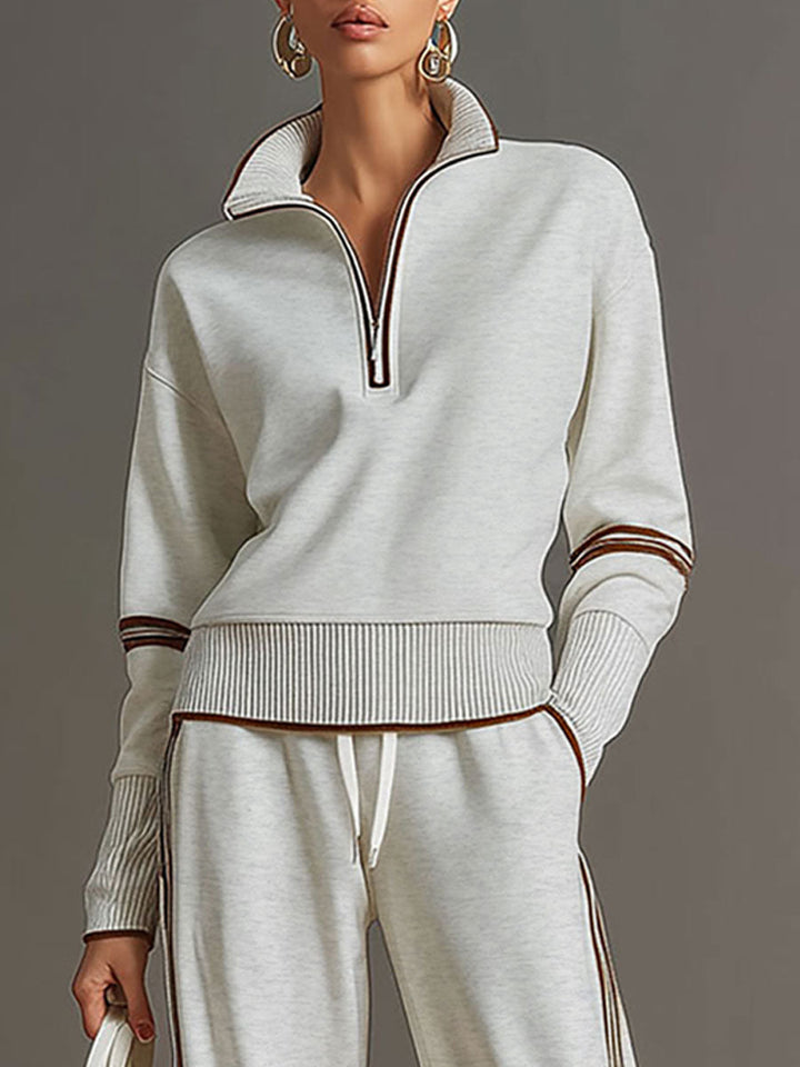 Michelle | Retro Sporty Webbing Half-zip Sweatshirt And Wide-leg Pants Set
