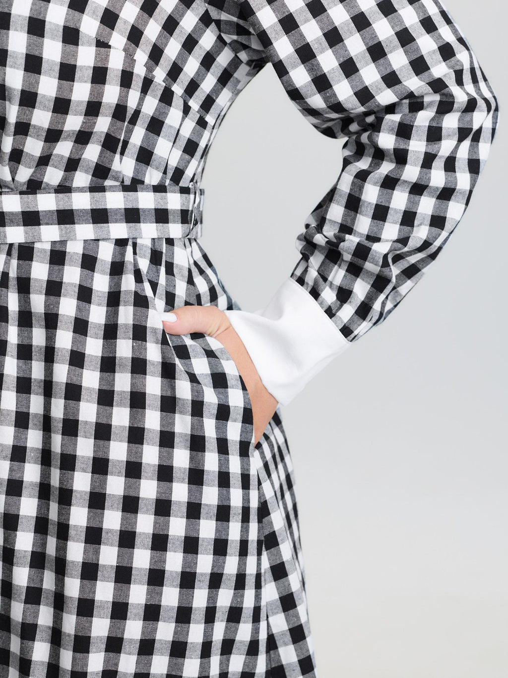 Checkered Pattern Color Contrast Shirt Midi Dress