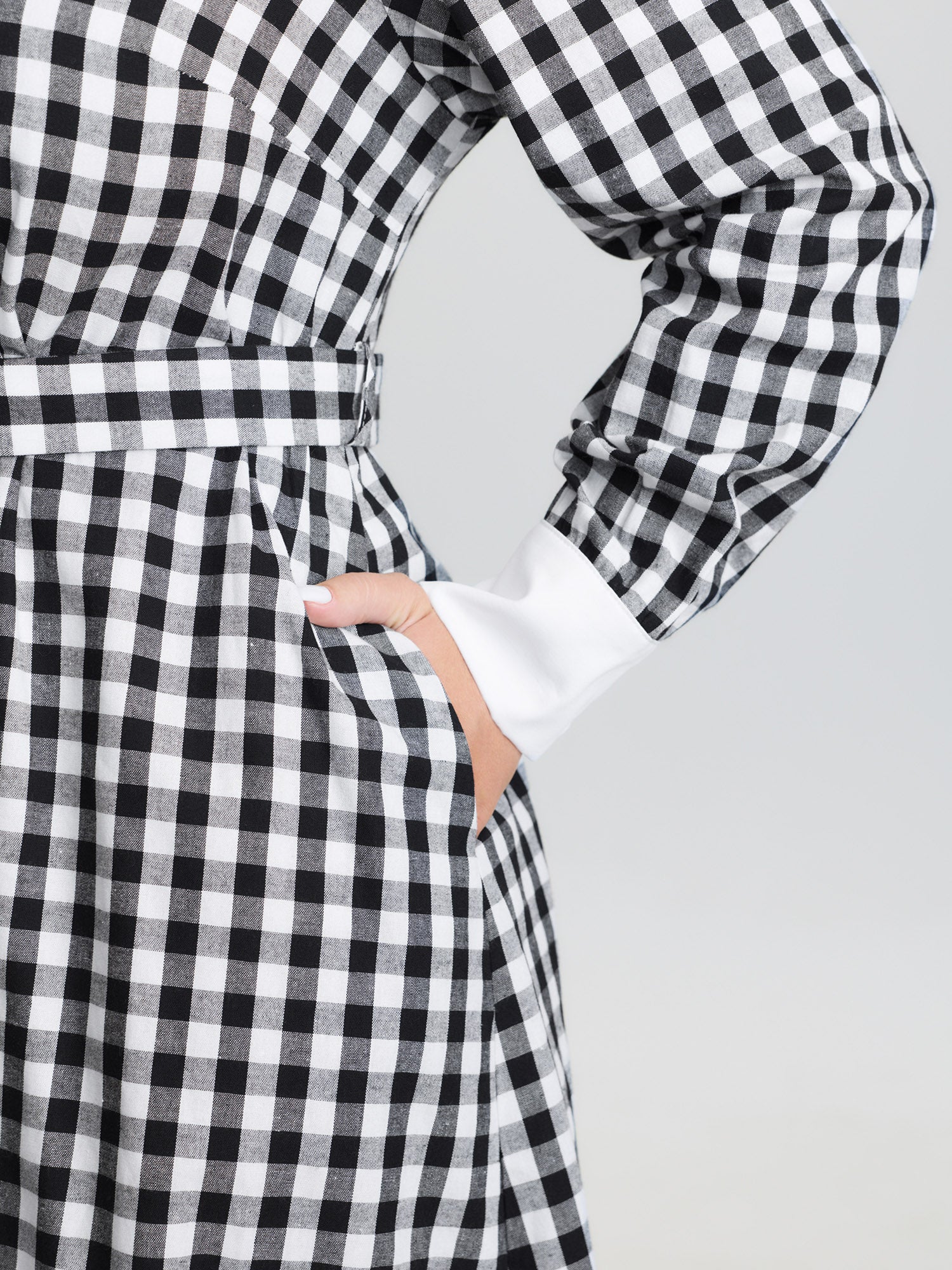 Checkered Pattern Color Contrast Shirt Midi Dress