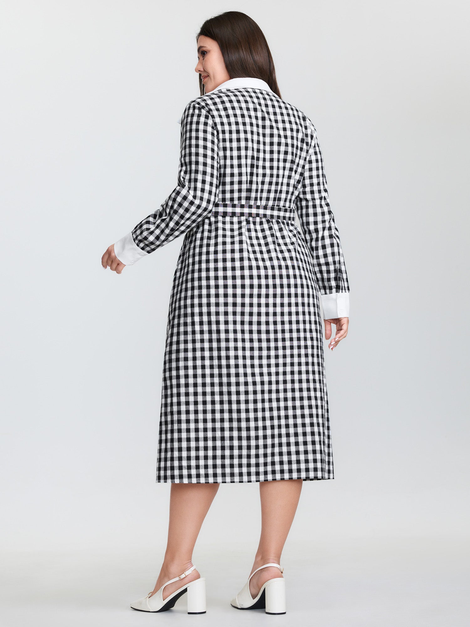 Checkered Pattern Color Contrast Shirt Midi Dress