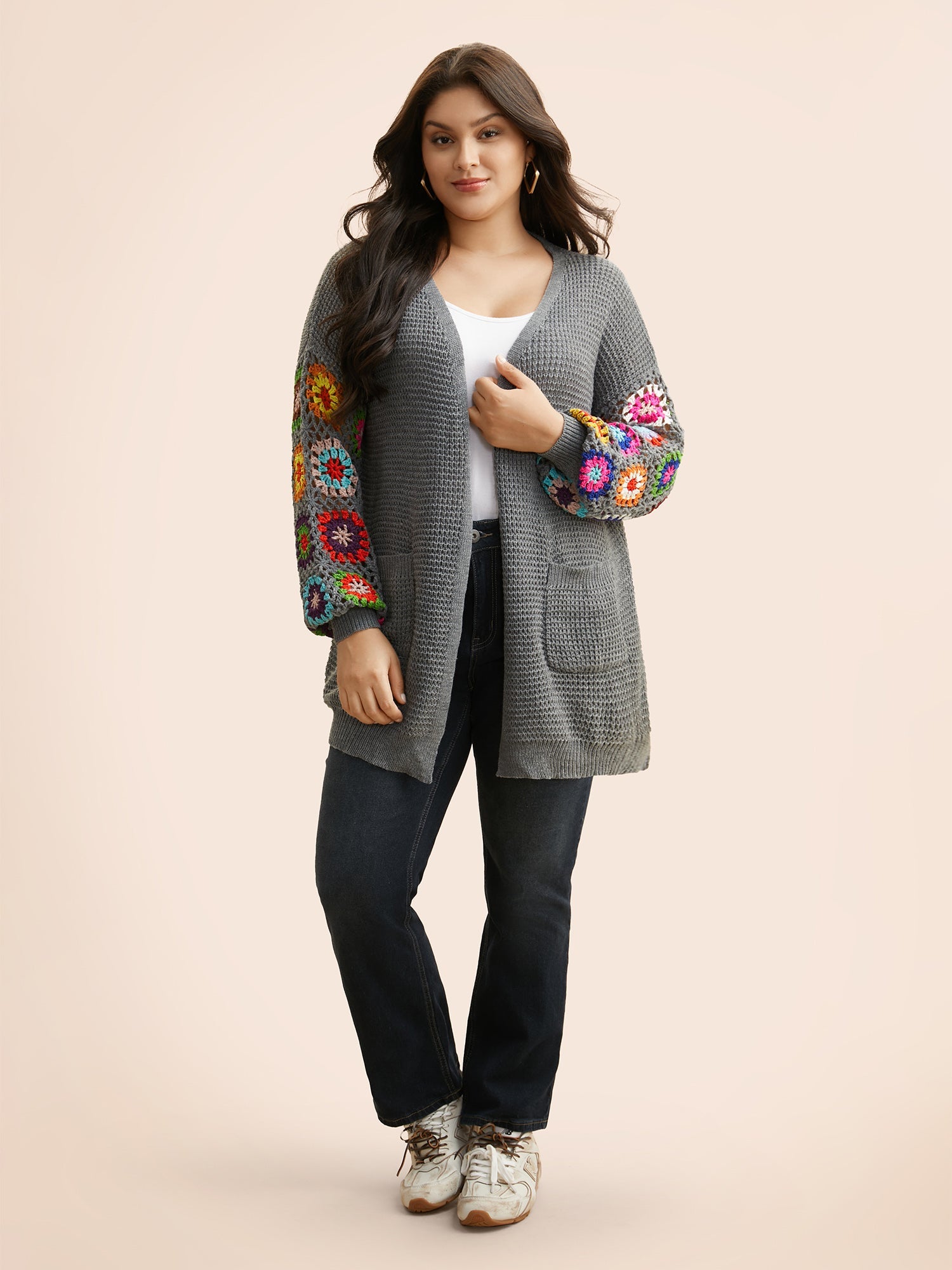 Crochet Floral Drop Shoulder Cut Out Cardigan