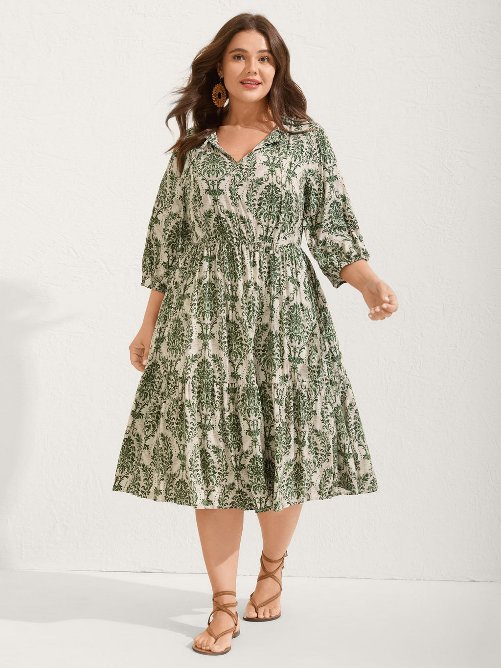 Damask Print Tie Knot Puff Sleeve Dress