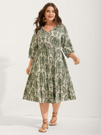 Damask Print Tie Knot Puff Sleeve Dress
