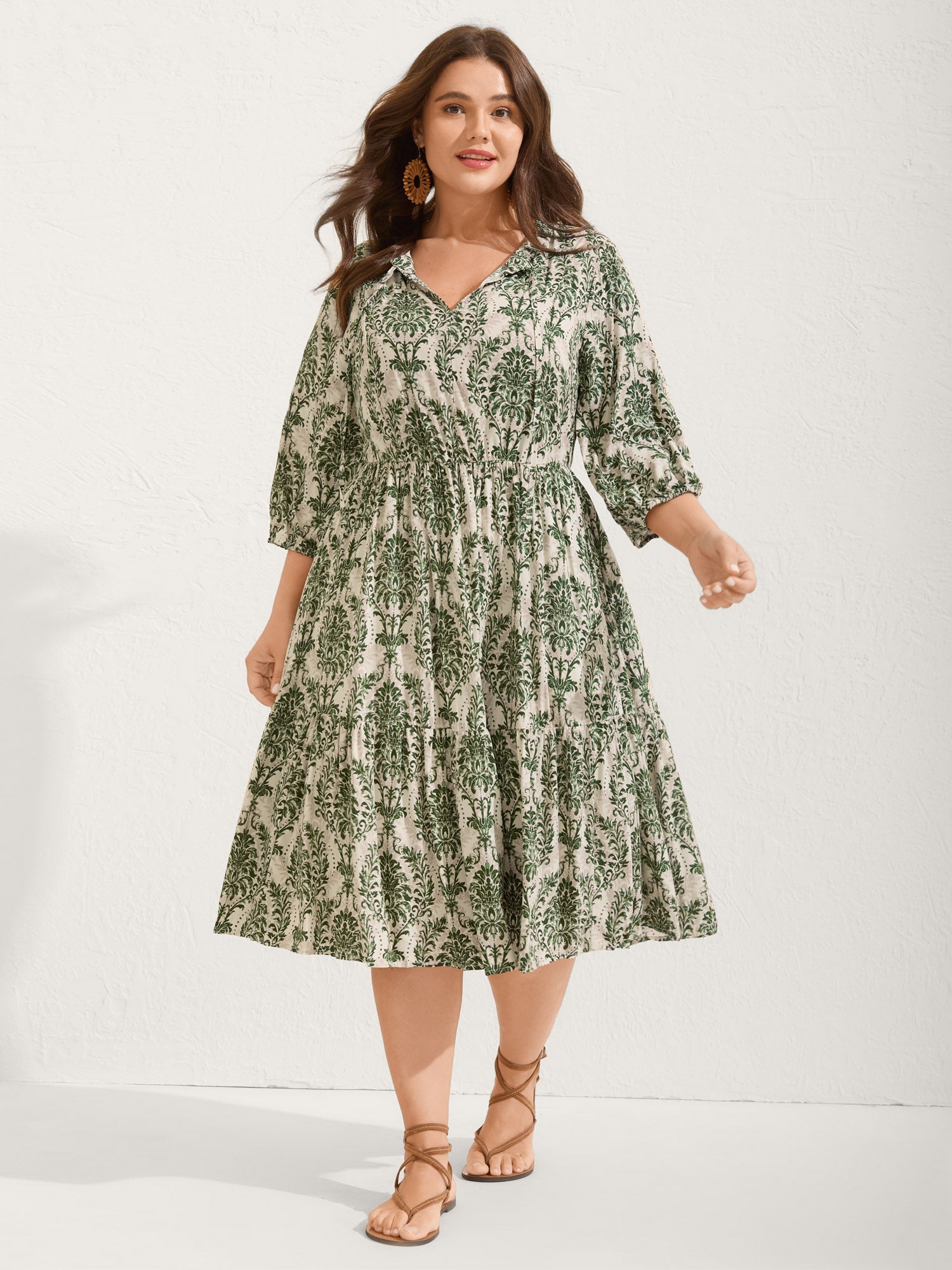 Damask Print Tie Knot Puff Sleeve Dress