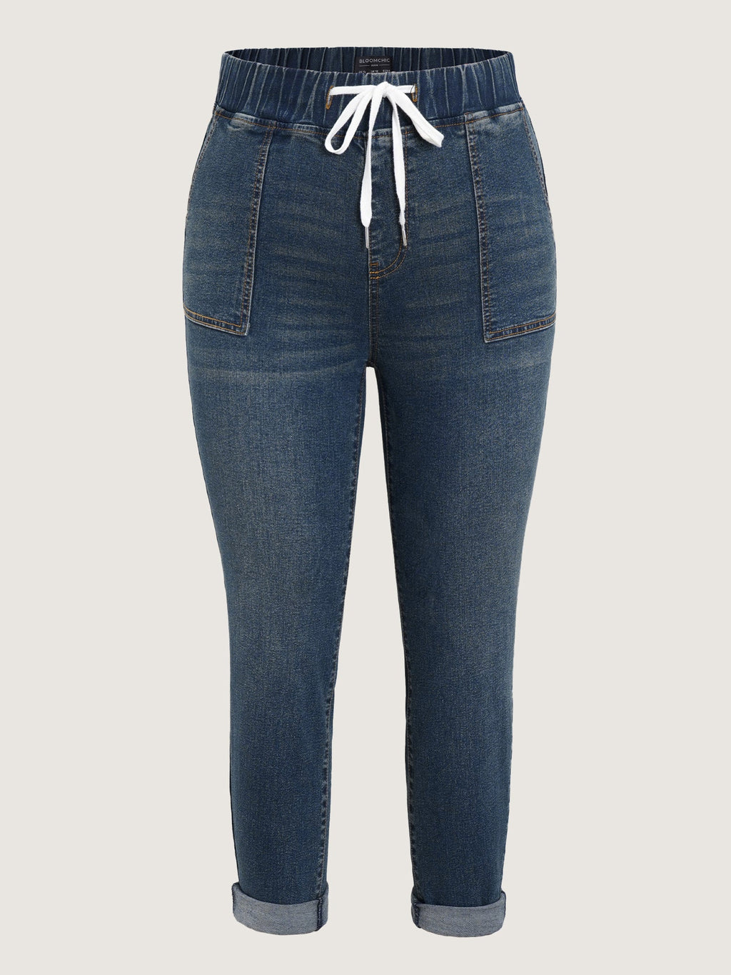 Drawstring Elastic Waist Roll Hem Jeans