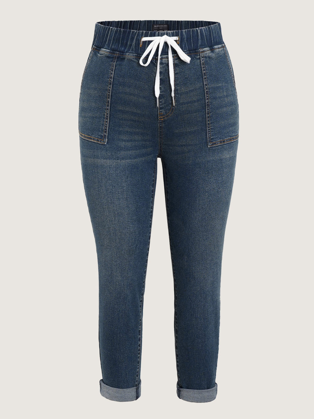 Drawstring Elastic Waist Roll Hem Jeans