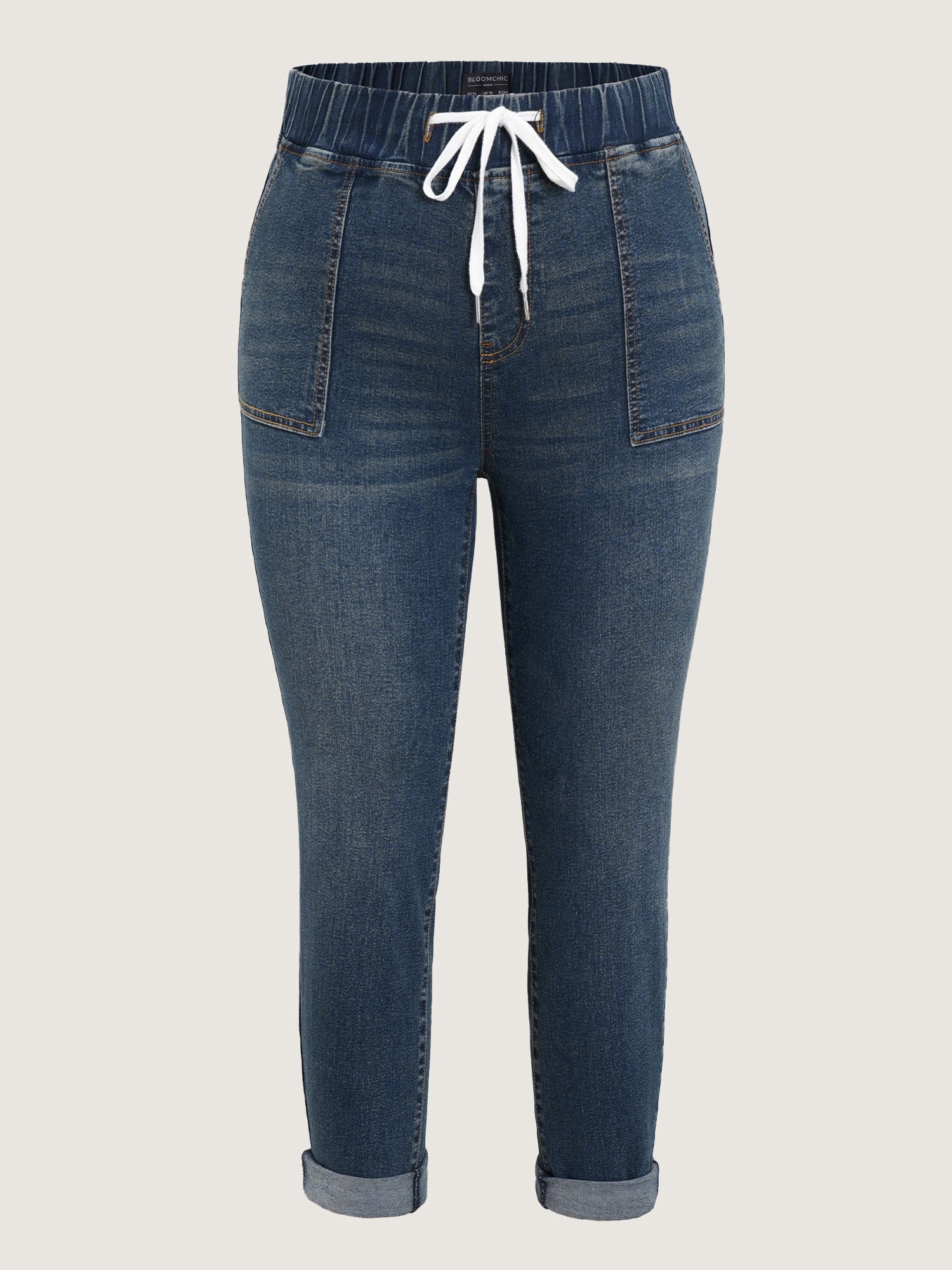 Drawstring Elastic Waist Roll Hem Jeans