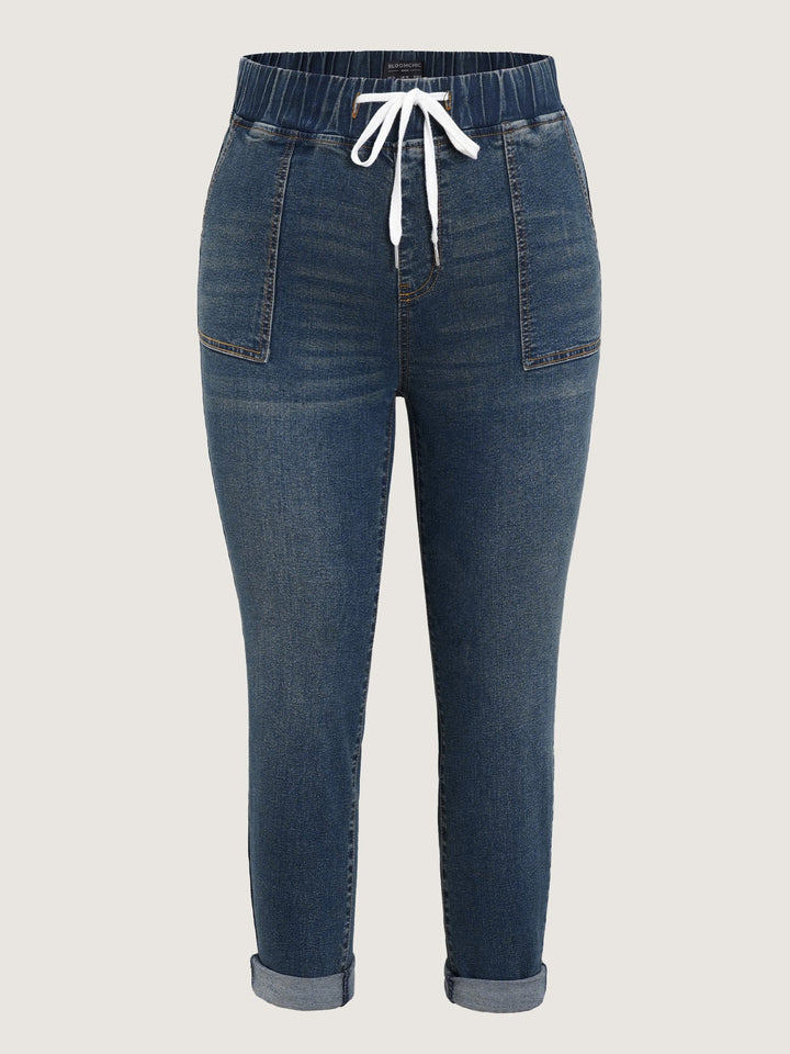 Drawstring Elastic Waist Roll Hem Jeans