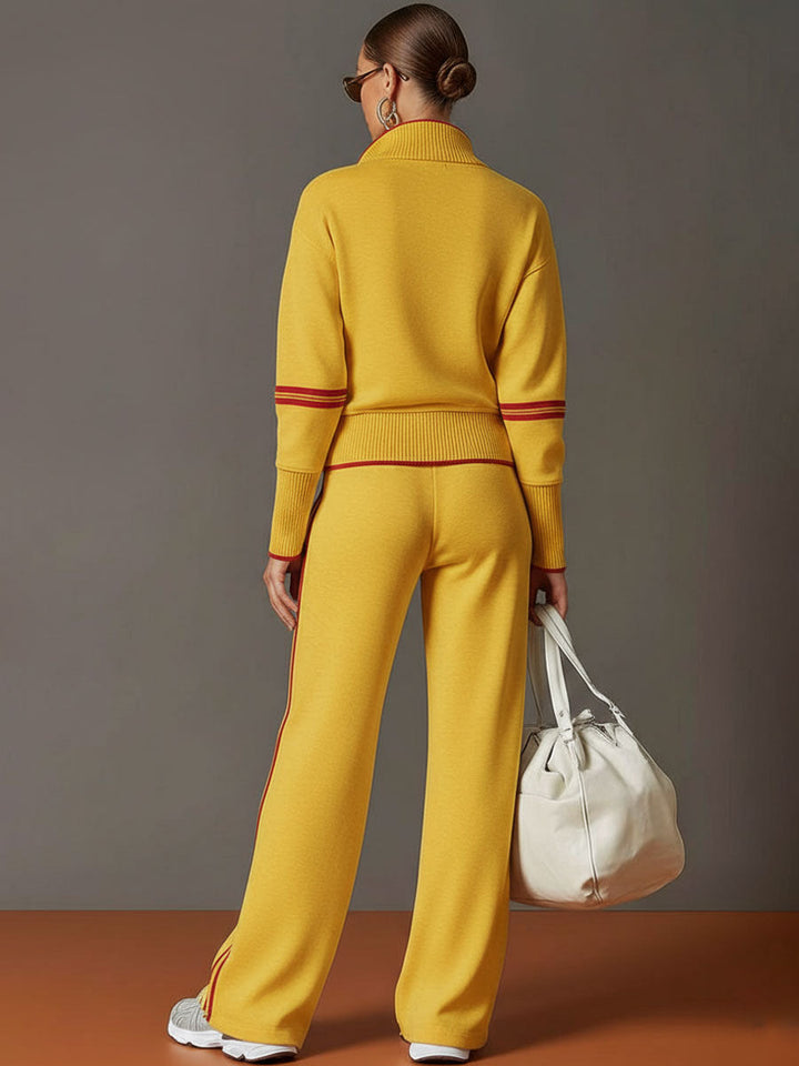 Michelle | Retro Sporty Webbing Half-zip Sweatshirt And Wide-leg Pants Set