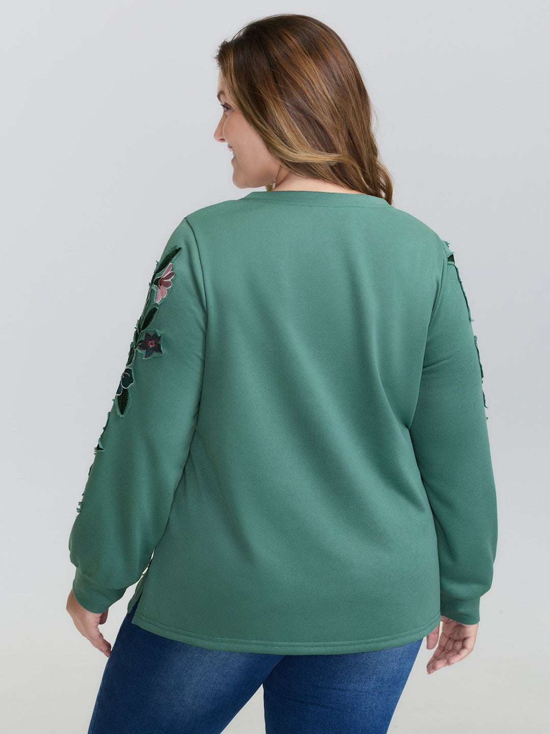 Floral Applique Embroidery Stretchy Sweatshirt