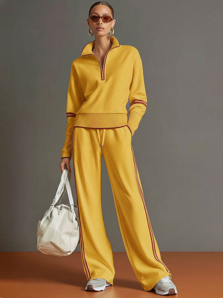Michelle | Retro Sporty Webbing Half-zip Sweatshirt And Wide-leg Pants Set