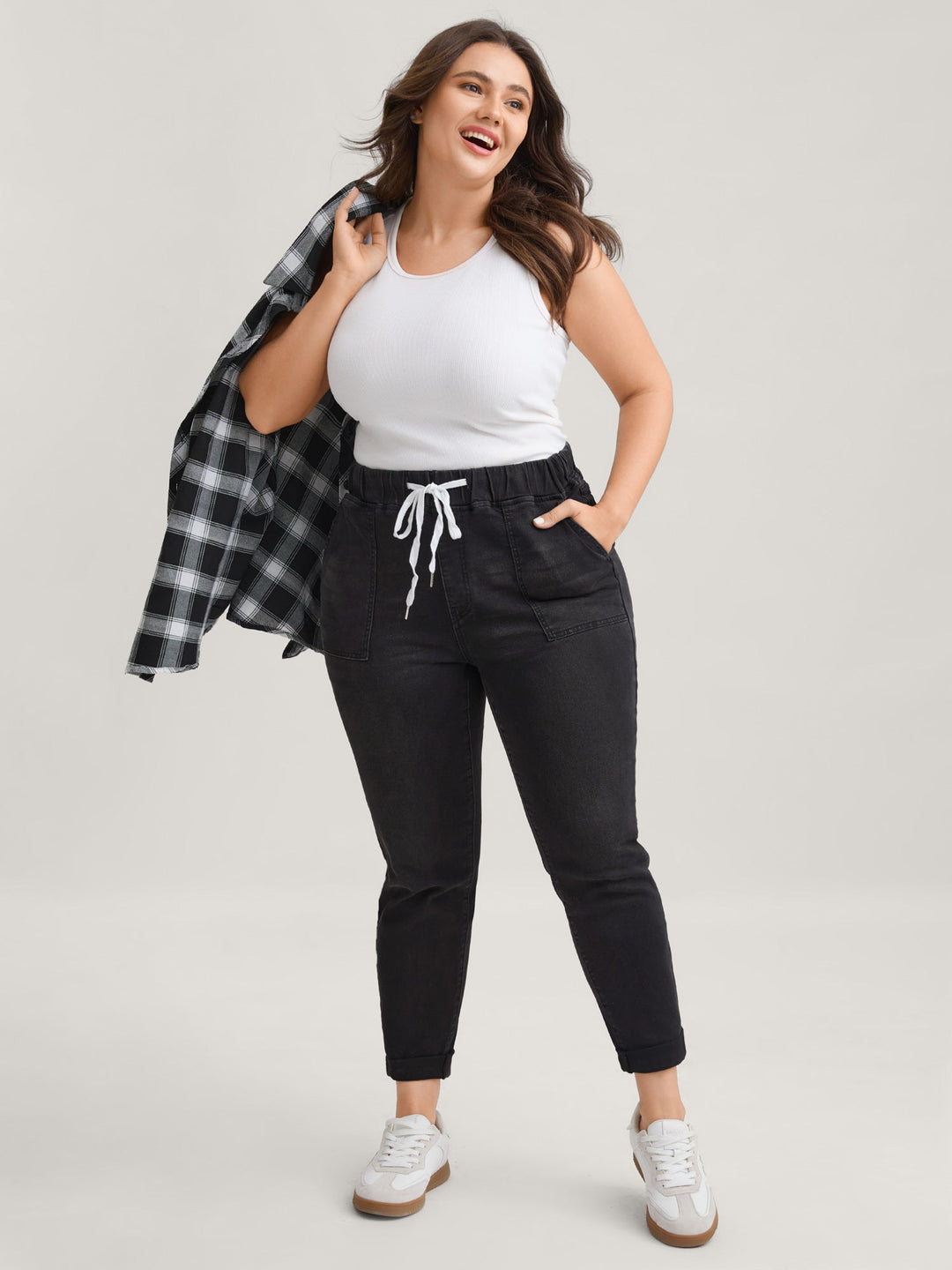 Drawstring Elastic Waist Roll Hem Jeans