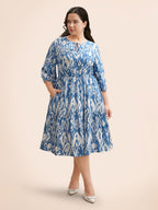 Damask Print Tie Knot Puff Sleeve Dress
