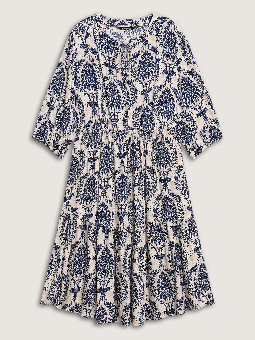 Damask Print Tie Knot Puff Sleeve Dress
