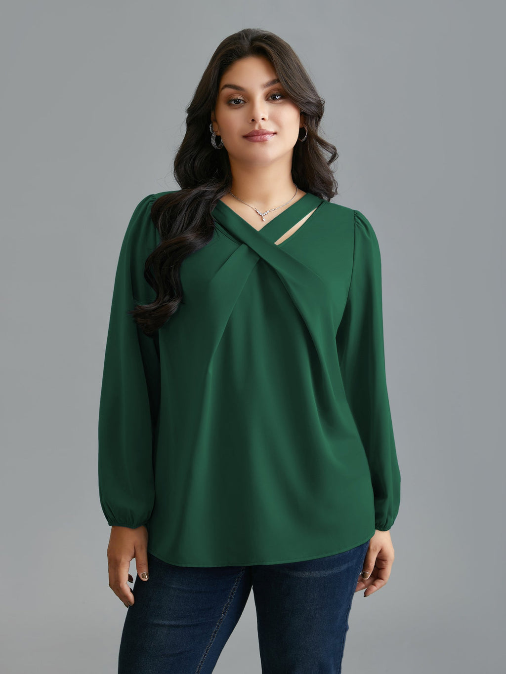 Criss Cross Neckline Puff Sleeve Gathered Blouse