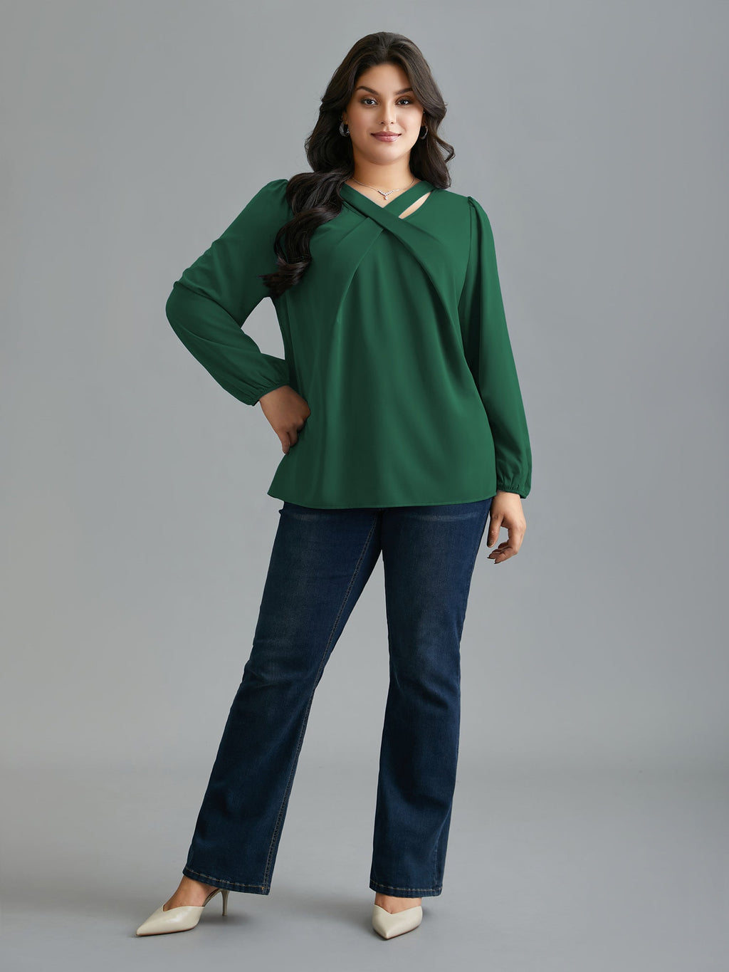 Criss Cross Neckline Puff Sleeve Gathered Blouse