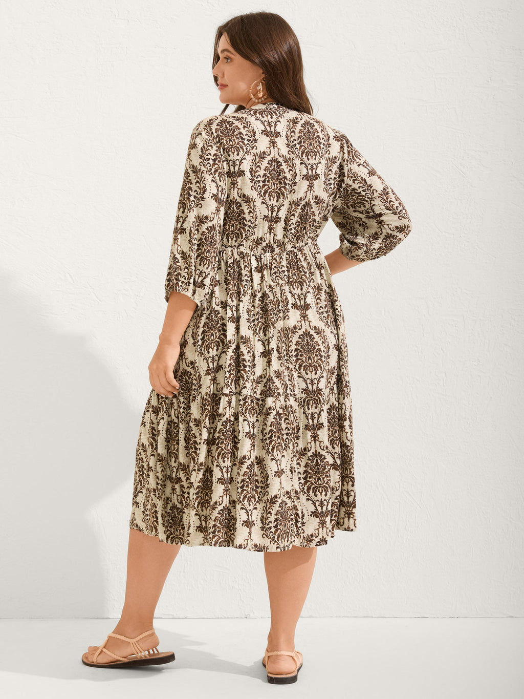Damask Print Tie Knot Puff Sleeve Dress