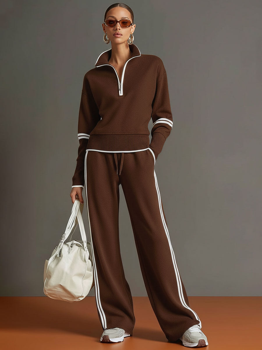 Michelle | Retro Sporty Webbing Half-zip Sweatshirt And Wide-leg Pants Set
