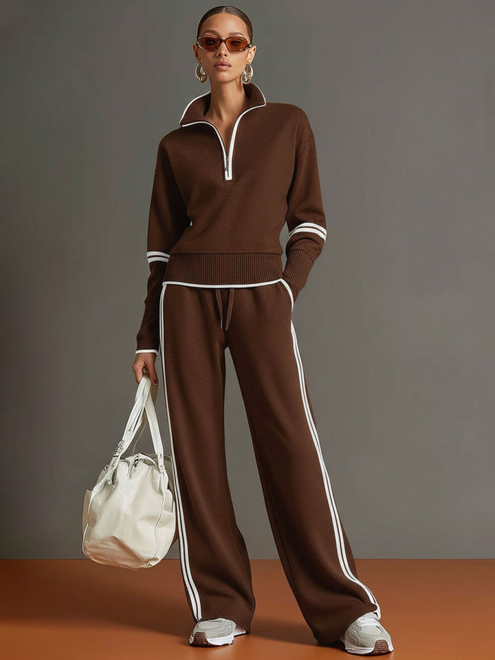 Michelle | Retro Sporty Webbing Half-zip Sweatshirt And Wide-leg Pants Set