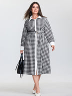 Checkered Pattern Color Contrast Shirt Midi Dress
