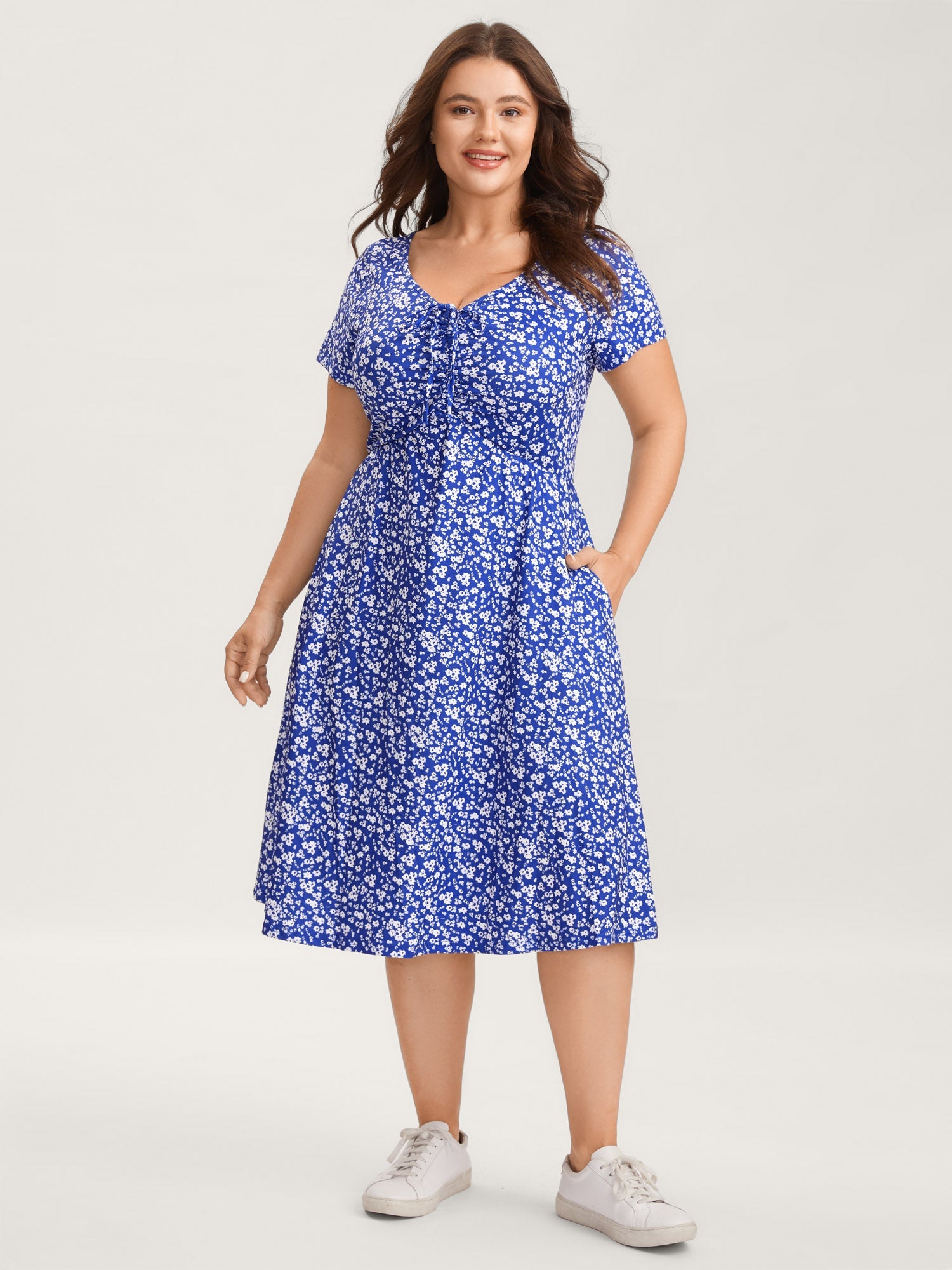 Ditsy Floral Elastic Waist Knot Drawstring Dress