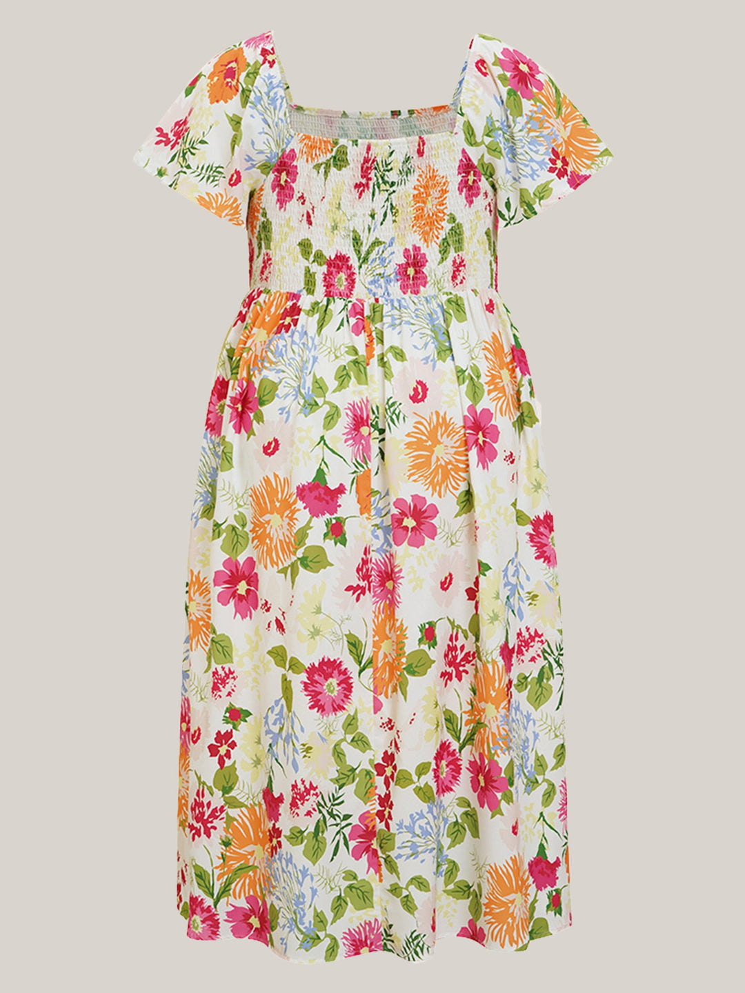 Floral Shirred Square Neck Pocket Midi Dress