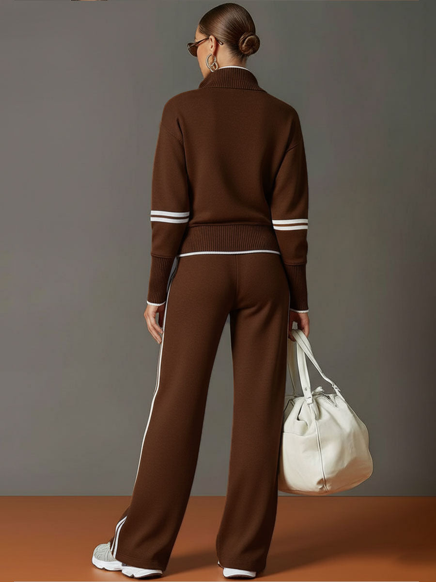 Michelle | Retro Sporty Webbing Half-zip Sweatshirt And Wide-leg Pants Set