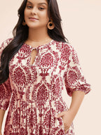 Damask Print Tie Knot Puff Sleeve Dress