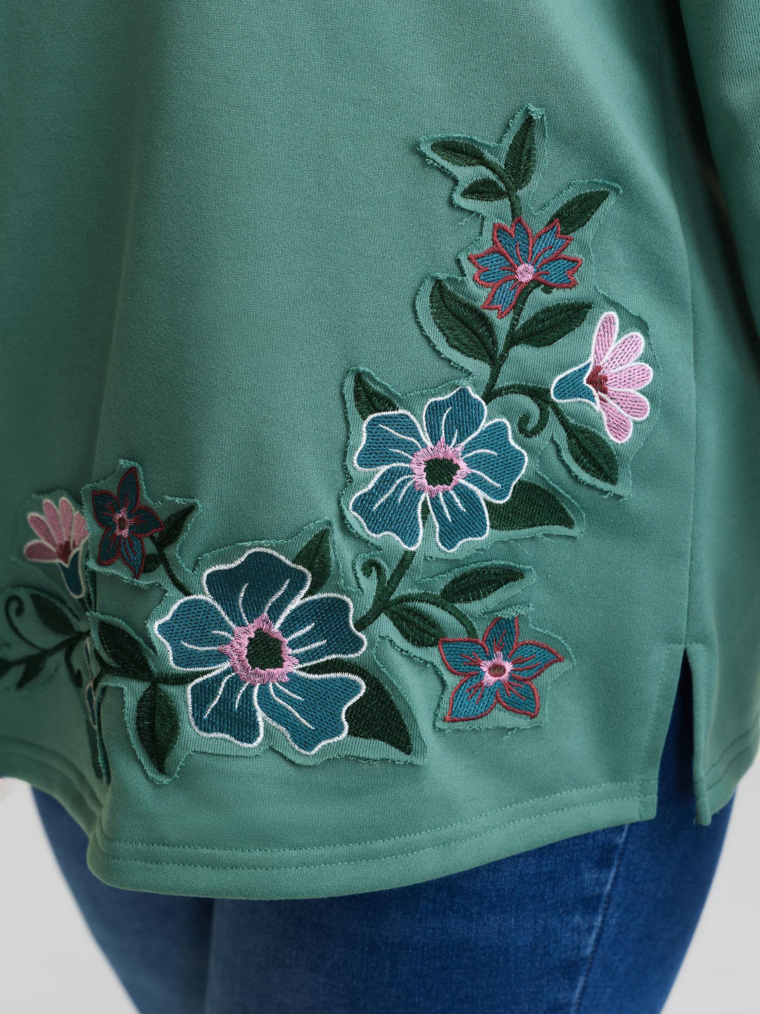 Floral Applique Embroidery Stretchy Sweatshirt