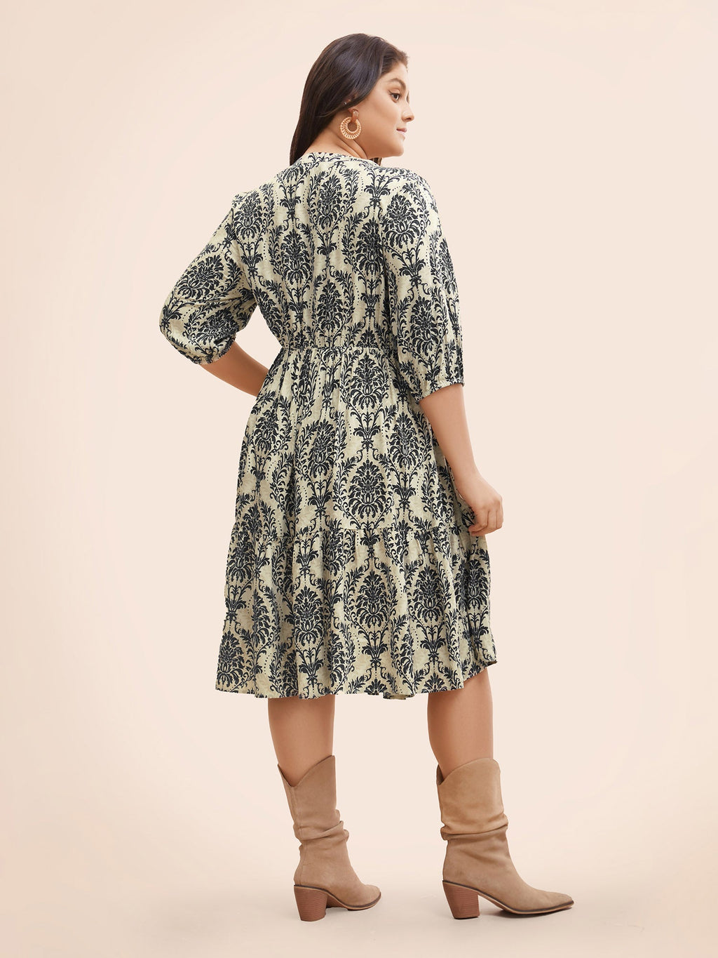 Damask Print Tie Knot Puff Sleeve Dress