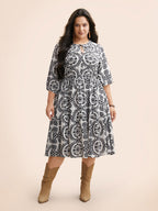 Damask Print Tie Knot Puff Sleeve Dress