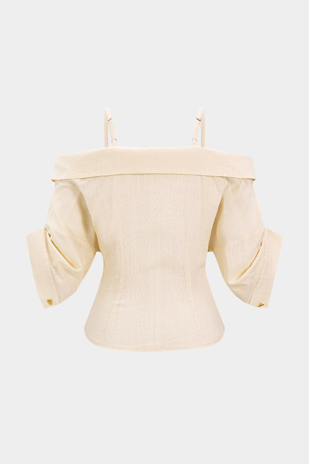 Linen Metallic Button Asymmetrical Ruched Short-Sleeve Shirt