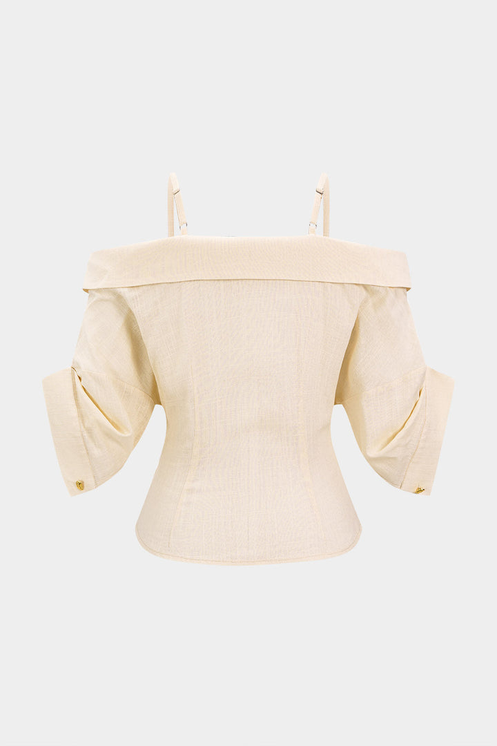 Linen Metallic Button Asymmetrical Ruched Short-Sleeve Shirt
