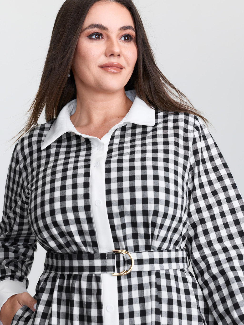 Checkered Pattern Color Contrast Shirt Midi Dress