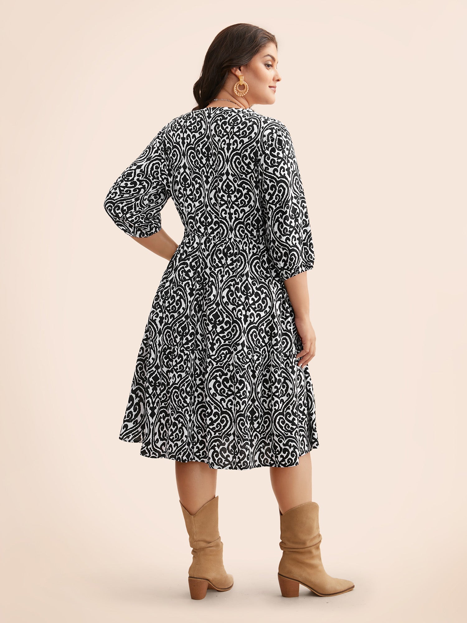 Damask Print Tie Knot Puff Sleeve Dress