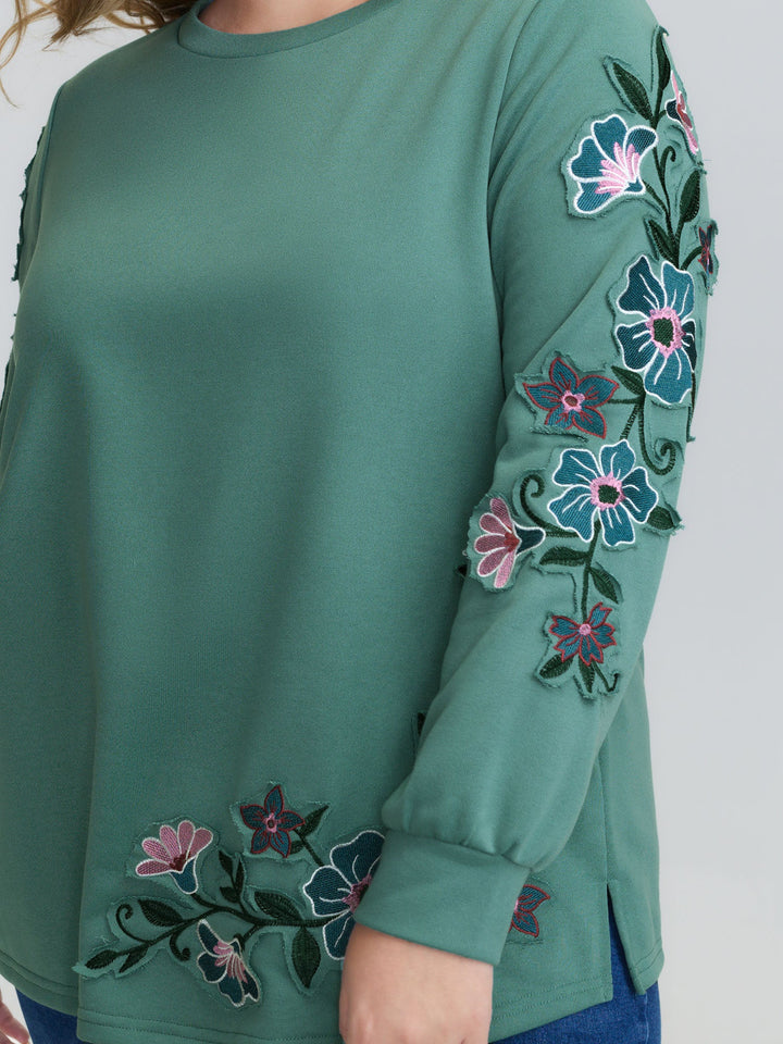 Floral Applique Embroidery Stretchy Sweatshirt