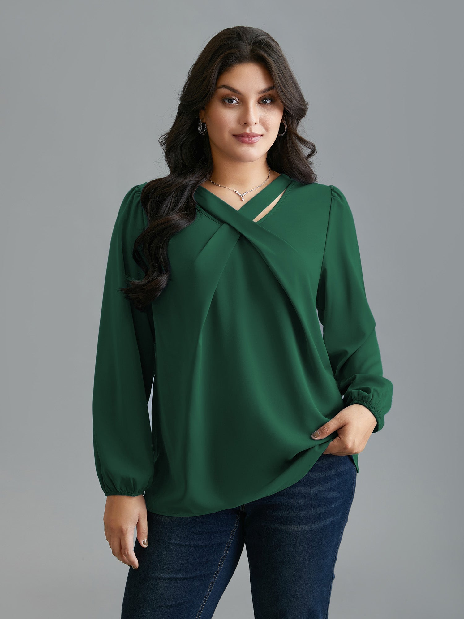 Criss Cross Neckline Puff Sleeve Gathered Blouse