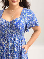 Ditsy Floral Sweetheart Drawstring Pocket Tiered Dress