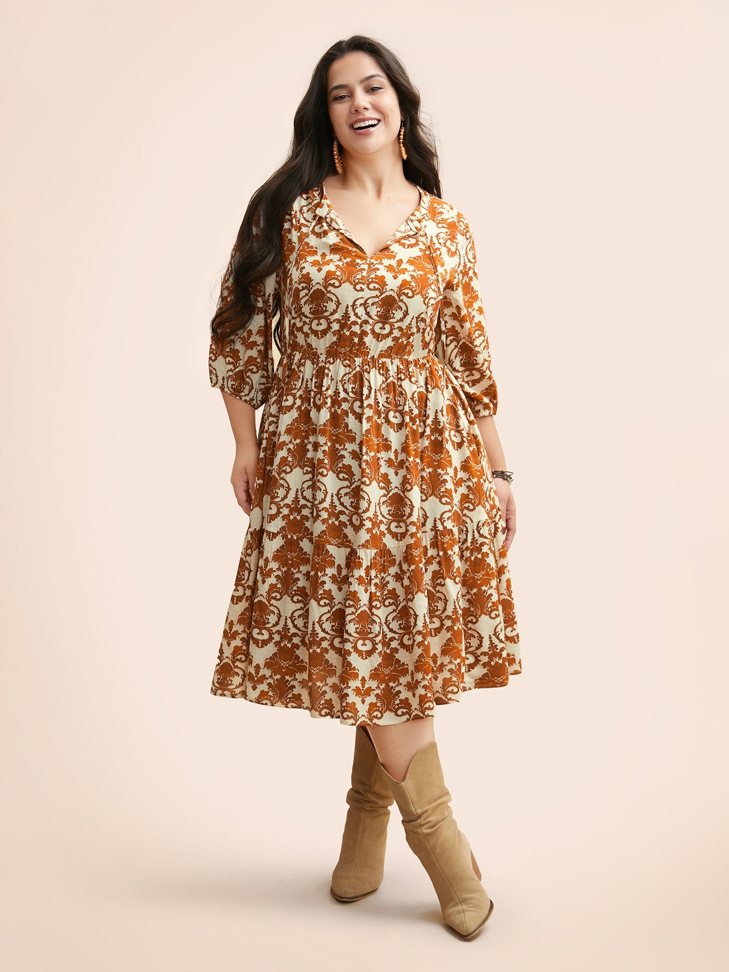 Damask Print Tie Knot Puff Sleeve Dress
